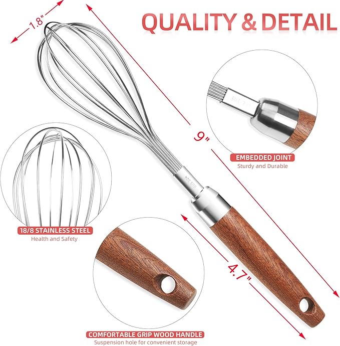 Stainless Steel Wire Whisk for Cooking- Wooden Handle Kitchen Multi Function Non Stick Balloon Whisk Egg Beater for Blending Whisking Beating Frothing Stirring Batters (9"L x 1.8"W) - Image 2