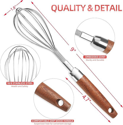 Stainless Steel Wire Whisk for Cooking- Wooden Handle Kitchen Multi Function Non Stick Balloon Whisk Egg Beater for Blending Whisking Beating Frothing Stirring Batters (9"L x 1.8"W) - Image 2