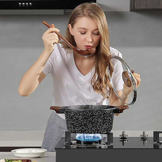 ESLITE LIFE Nonstick Stock Pot with Lid, 5 Quart Granite Casserole Large Soup Pot Pasta Cooking Pot, Induction Compatible, PTFE & PFOA Free, Black - Image 2