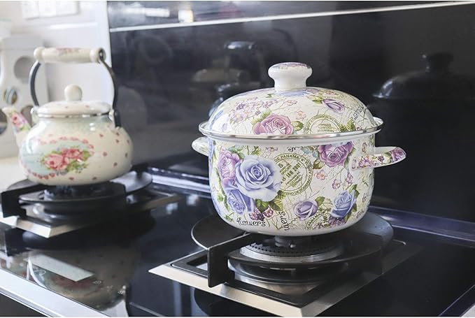 Flower Enamel on Steel Stock Pot/Stockpot with Lid, 3 Quart (style2) - Image 6