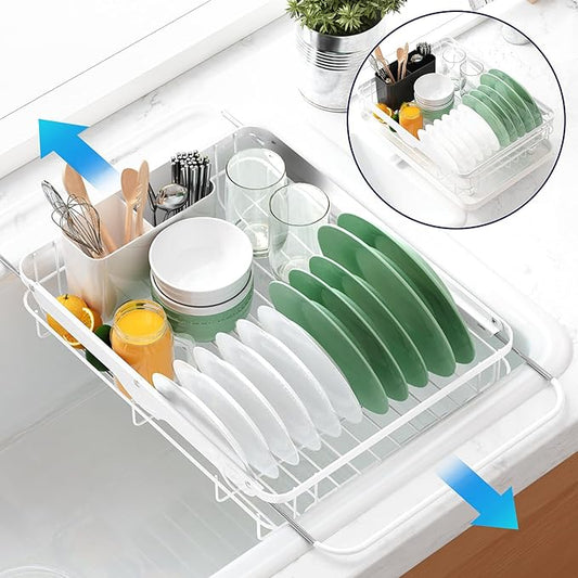 Kitsure Dish Drying Rack for Kitchen Counter, Stainless Steel Sink Organization and Storage Essentials with Cutlery Holder, Home and Appartment Decor, 12.2''W x 15.7''~23''L, White by Kitsure