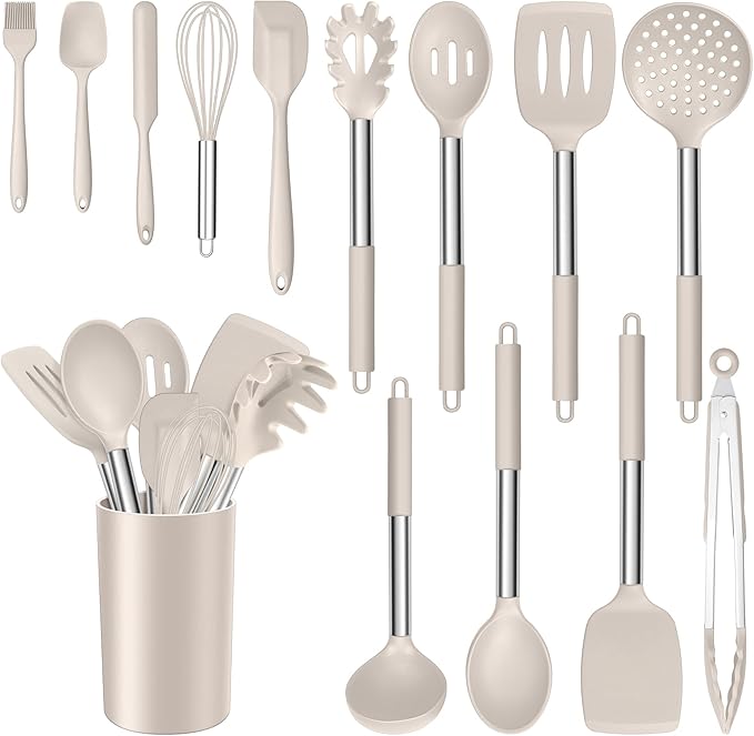 E-far 14 Pieces Silicone Cooking Utensils Set, Kitchen Utensils Set with Holder, Spatula, Ladle, Spoon, Tong, Slotted Turner for Nonstick Cookware, Heat Resistant & Stainless Steel Handle, Khaki by E-far