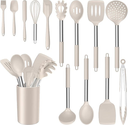 E-far 14 Pieces Silicone Cooking Utensils Set, Kitchen Utensils Set with Holder, Spatula, Ladle, Spoon, Tong, Slotted Turner for Nonstick Cookware, Heat Resistant & Stainless Steel Handle, Khaki by E-far