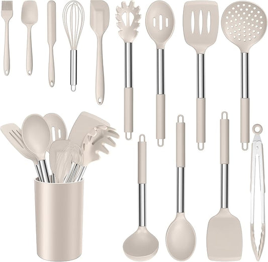 E-far 14 Pieces Silicone Cooking Utensils Set, Kitchen Utensils Set with Holder, Spatula, Ladle, Spoon, Tong, Slotted Turner for Nonstick Cookware, Heat Resistant & Stainless Steel Handle, Khaki by E-far