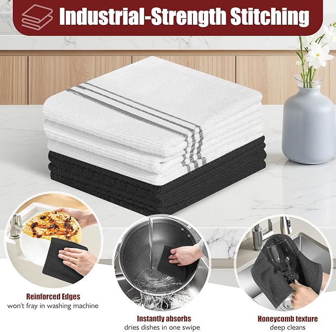 Oven Mitts and Pot Holder Sets with Silicone Grip, 500°F Heat Resistant-6 Pack Dishcloth/Dish Towels for Kitchen 100% Cotton-Value Kitchen Essentials for Cooking, Baking, Grilling-Black - Image 4