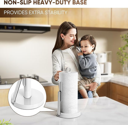 theaoo Heavy-Duty Stainless Steel Paper Towel Holder with Tension Arm – Easy One-Handed Tear, Modern Standing Countertop Dispenser for Kitchen, Holds All Paper Towel Rolls (1, White) - Image 8