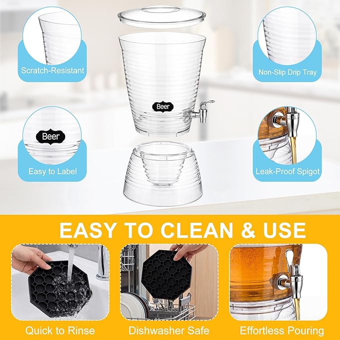 Nuenen 2 Sets of 2.6 Gallon Beverage Dispensers for Parties, Clear Plastic Drink Juice Dispensers with Spigot and Drip Tray Beverage Water Fountains for Wedding Birthday Party Cold Hot Drinks - Image 3