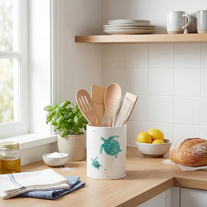 WILLBOND Coastal Utensil Holder for Kitchen Sea Turtle Utensil Holder Summer Kitchen Decor Cute Acrylic Cooking Crock Organizer Countertop Storage Organizer Container Housewarming Gift