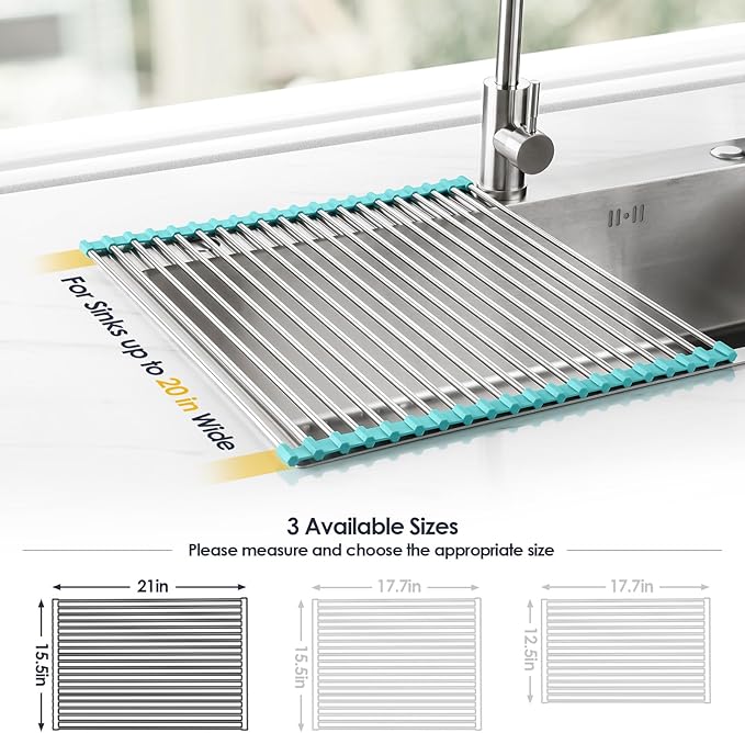 Tomorotec 21" x 15.5" Roll Up Dish Drying Rack Over Sink Drying Rack Sink Cover Kitchen Sink Accessories Gadget Multipurpose Organizer Foldable Stainless Steel Drainer - Image 4