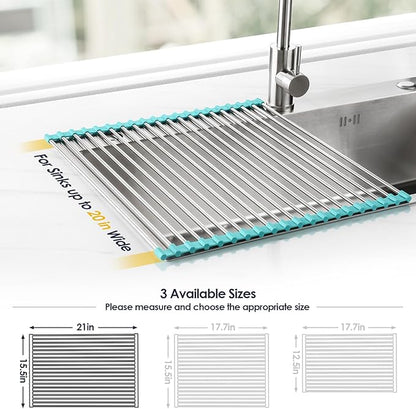 Tomorotec 21" x 15.5" Roll Up Dish Drying Rack Over Sink Drying Rack Sink Cover Kitchen Sink Accessories Gadget Multipurpose Organizer Foldable Stainless Steel Drainer - Image 4