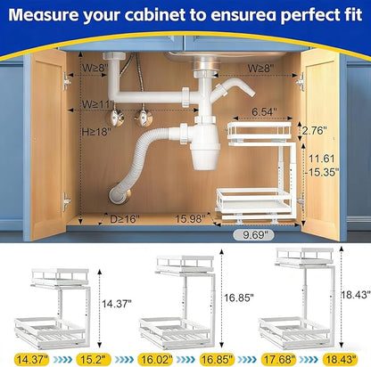 Under Sink Organizer, Dual-Rail Ball-Bearing, Under Kitchen Sink Organizer, 6-Level Adjustable, Under Cabinet Organizer, No-Drill Adhesive/Suction, Under Sink Storage (White, Double Layer - 2 Pack)