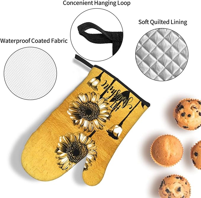 Sunflower Oven Mitts and Pot Holders Sets, Heat Resistant Gold Kitchen Oven Glove for Kitchen BBQ Baking Grilling Cooking, Sunflower Gifts for Women Cooks Bakers Cooking Lover - Image 5