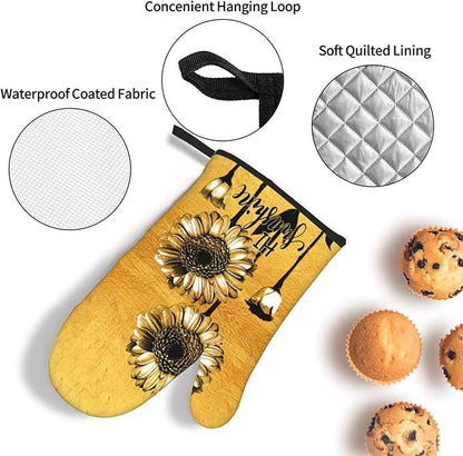 Sunflower Oven Mitts and Pot Holders Sets, Heat Resistant Gold Kitchen Oven Glove for Kitchen BBQ Baking Grilling Cooking, Sunflower Gifts for Women Cooks Bakers Cooking Lover - Image 5