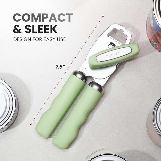 Zulay Kitchen Heavy Duty Stainless Steel Can Opener Manual with Bottle Opener - Rust Proof Manual Can Opener With Turn Knob & Comfy Soft Grip Handles - Pistachio - Image 2