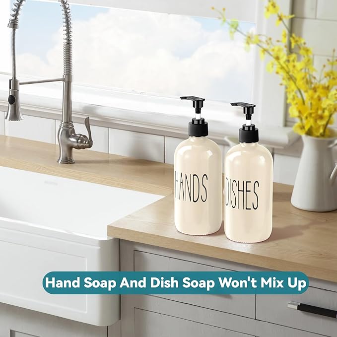 COHOSEGE Glass Soap Dispenser Set 2 Pack,16 Oz Dish Soap Dispenser for Kitchen Sink,Beige Kitchen Accessories and Kitchen Decor,Beige Decorations and Kitchen Utensils for Kitchen - Image 2