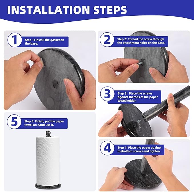 Natural Marble Paper Towel Holder for Kitchen Countertop - 2.6 lbs Heavy Duty Weighted Base for One-Handed Tearing -Fits Extra-Large & Jumbo Rolls - Elegant Modern Design with Ball Top - Black