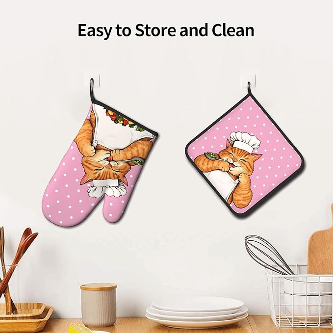Cat Oven Mitts - Pink Oven Mitts and Pot Holders Sets of 2 Cute Kitten Cooker Kitchen Mitts Hot Pads for Baking Grilling - Image 6