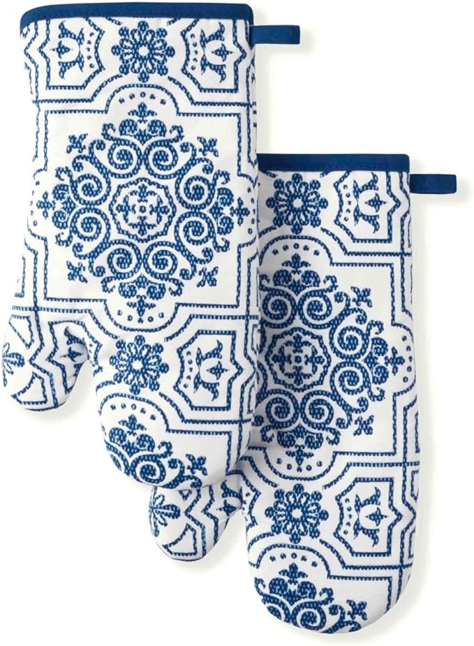 Martha Stewart Strie Medallion Oven Mitt 2-Pack Set, Navy Blue, 7"x13" by MarthaStewart
