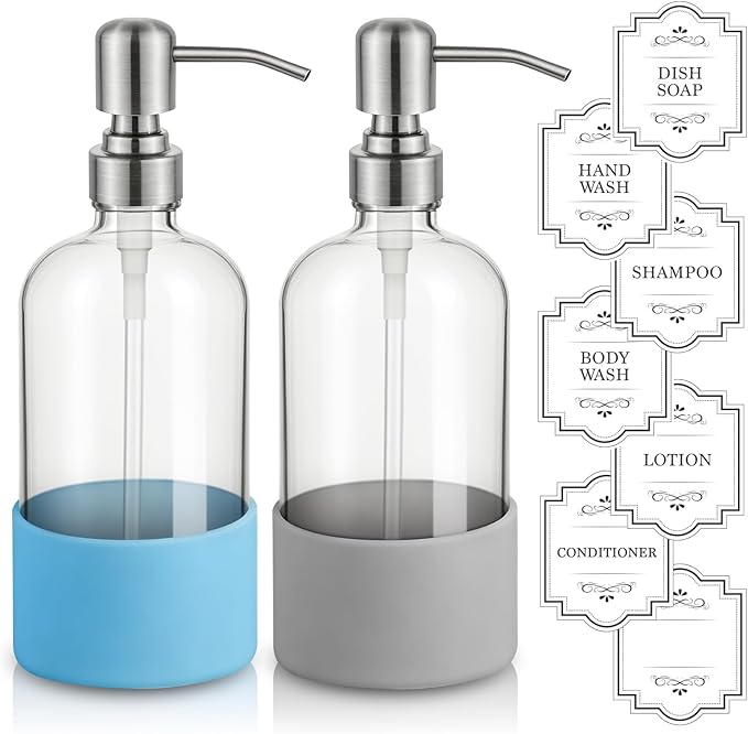16 oz Hand and Dish Soap Dispenser Set for Kitchen and Bathroom, 500ml Clear Glass Soap Dispenser with Stainless Steel Pump, Non-Slip Silicone Sleeves, Labels - 2 Pack