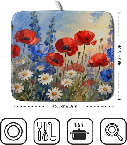 4th of July Dish Drying Mat for Kitchen Counter 16x18 Patriotic Floral Independence Day Memorial Holiday Absorbent Reversible Microfiber Drying Mats Kitchen Countertop Protector Dishes Drainer Pad - Image 5