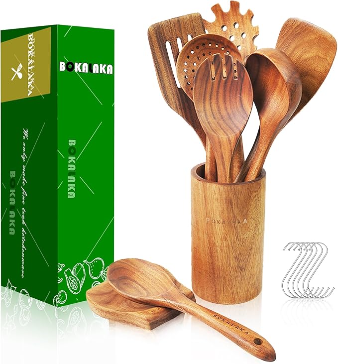 Teak Wooden Spoons for Cooking - 9 Pcs Comfort Grip Kitchen Utensil Set with Holder & Rest by BOKALAKA