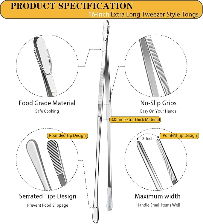 JETKONG 2 Pcs 16-Inch Kitchen Tweezers Extra Long Tweezer Tongs, Heavy Duty Stainless Steel Cooking Tweezers (Silver) - Image 2