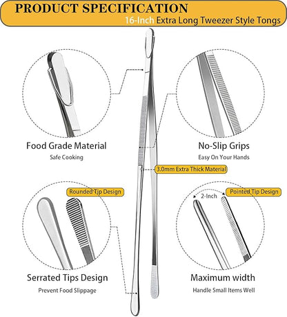 JETKONG 2 Pcs 16-Inch Kitchen Tweezers Extra Long Tweezer Tongs, Heavy Duty Stainless Steel Cooking Tweezers (Silver) - Image 2