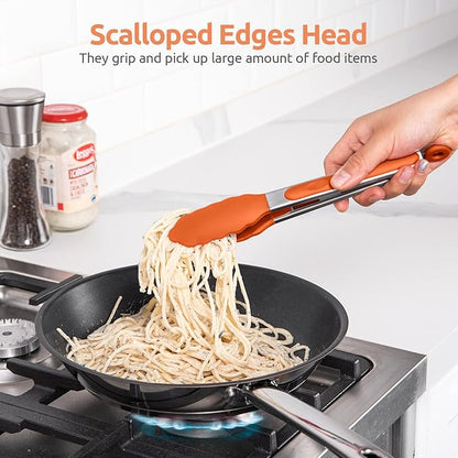 600ºF Heat Resistant Kitchen Tongs: U-Taste 9 inch Silicone Cooking Tong with Firm Sealed Non Stick Rubber Tips & Silicon Coated 18/8 Stainless Steel Handle & Smooth Locking for Serving Grill (Orange) - Image 4