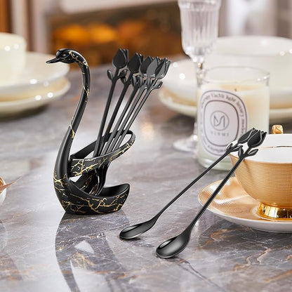 Black Small Coffee Spoon Holder Set,Swan Base With 12 Pcs Demitasse Espresso Spoons Set,6" Mini Tulip/Rose Dessert Spoon,Stainless Steel Tea Spoons - Image 6