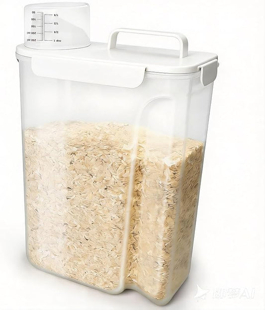 Komzon Rice Storage Containers, Airtight Cereal Containers Storage, with Pouring Spout Portable Handle for Flour, Pasta, Grain and Baking, Pet Dog Cat Bird Food Container 20lb White