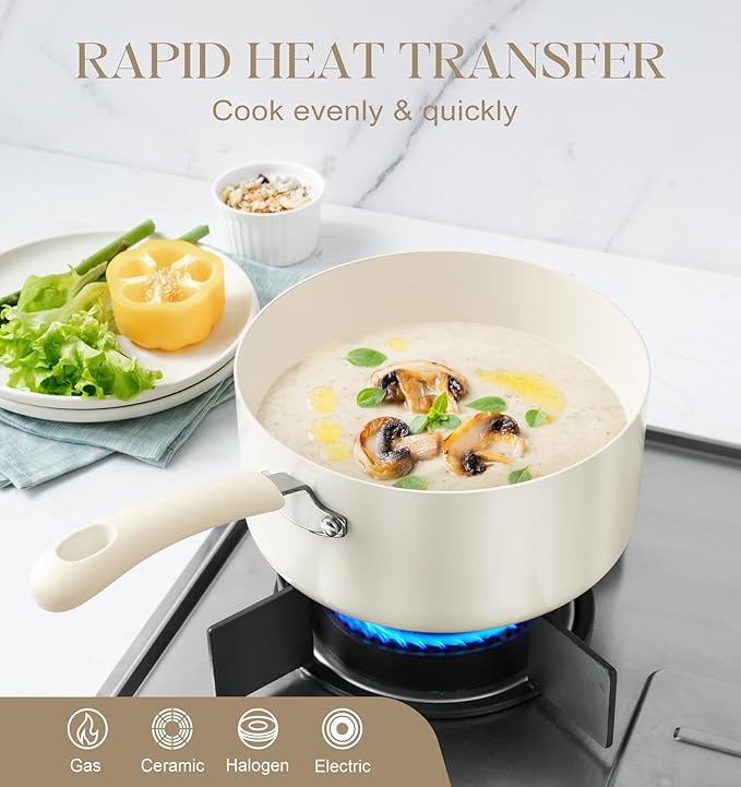 MICHELANGELO Nonstick Saucepan with Lid, Ceramic Sauce Pan Sets, Easy to Clean Sauce Pans, Multi-Purpose Cooking Pots, 3QT, White - Image 4