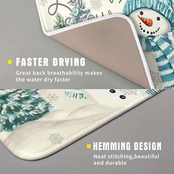 Giwawa Blue Snowman Dish Drying Mat Xmas Trees Bird Winter Snowy Scene Dish Drainer Mats 16"x18" Microfiber Reversible Dish Drying Rack Pad Protector for Kitchen Countertop Decor