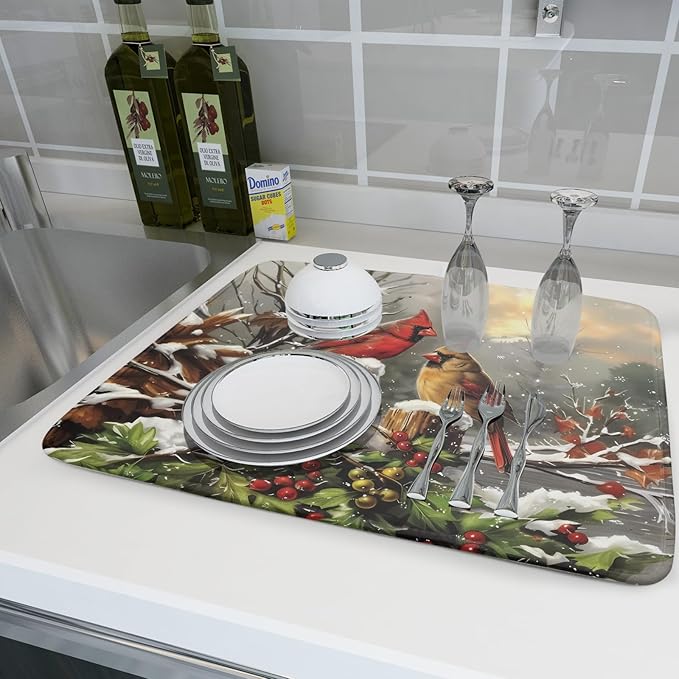 Winter Dish Drying Mat for Kitchen Counter 18x24 Inch Red Birds Cardinal Tree Christmas Theme Print Absorbent Reversible Microfiber Drying Mats Kitchen Countertop Protector Dishes Drainer Rack Pad - Image 6