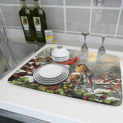 Winter Dish Drying Mat for Kitchen Counter 18x24 Inch Red Birds Cardinal Tree Christmas Theme Print Absorbent Reversible Microfiber Drying Mats Kitchen Countertop Protector Dishes Drainer Rack Pad - Image 6