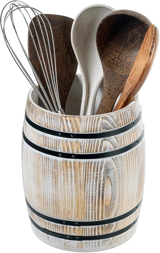 MyGift Wine Barrel Design Kitchen Utensil Holder Crock, Vintage White Washed Solid Wood Cooking Utensils Organizer by MyGiftHome