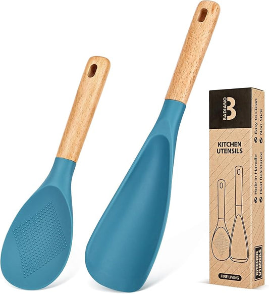 Cooking Spoon and Rice Scooper for Nonstick Cookwares, Great for Cooking and Serving Sturdy BPA-Free Matte Silicone, Wood Handle Spoon for Mixing, Scoop, and Scrape (Turquoise)