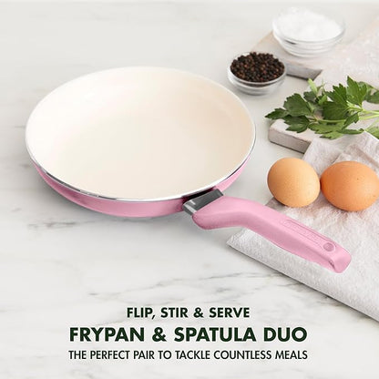 GreenPan Rio Healthy Ceramic Nonstick 8" Frying Pan Skillet and Silicone Spatula Set, Soft Grip Handle, Breaktfast Meal Set, PFAS-Free, Dishwasher Safe, Oven Safe, Pink - Image 3