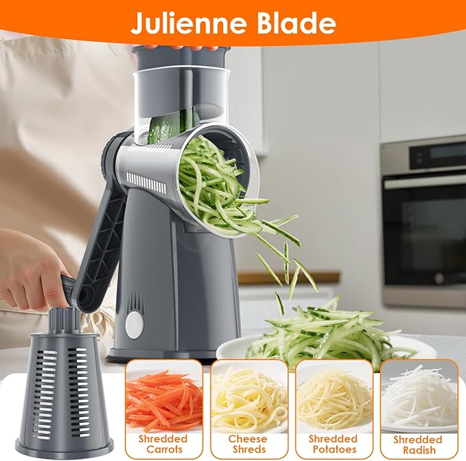 MealHelper 5 Blade Rotary Cheese Grater Hand Crank with Storage Box, Vegetable Chopper, Cheese Shredder for Cheeses, Veggies, Nuts - Easy to Use, Non-slip Suction Base, Gray - Image 3