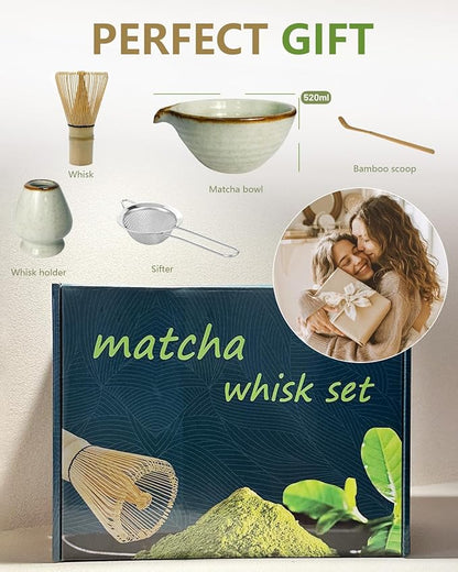 Taruzil Matcha Whisk Set with Matcha Bowl, Matcha Bamboo Whisk, Scoop, Sifter, Matcha Whisk Holder Unique Gifts for Women Mom Her Girl Friend Home Kitchen Decor Gifts for Christmas, Birthday
