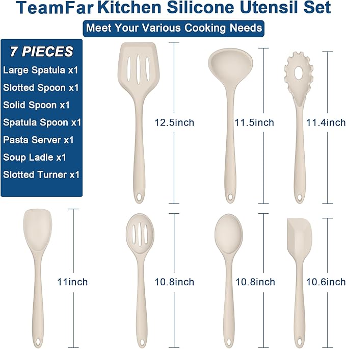 TeamFar Silicone Cooking Utensils, 7 PCS Heat Proof Kitchen Utensils Set, Kitchen Tools Spatula Turner Ladle Spoon Pasta Fork for Nonstick Cookware, Non-Toxic & Dishwasher Safe, Khaki - Image 2