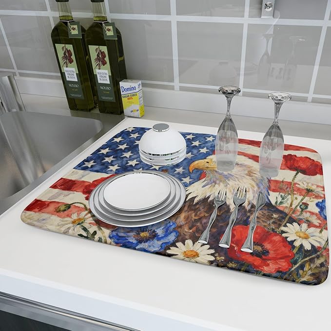 4th of July American Flag Eagle Dish Drying Mat for Kitchen Counter 18x24 Patriotic Floral Memorial Day Absorbent Reversible Microfiber Drying Mats Kitchen Countertop Protector Dishes Drainer Pad - Image 6