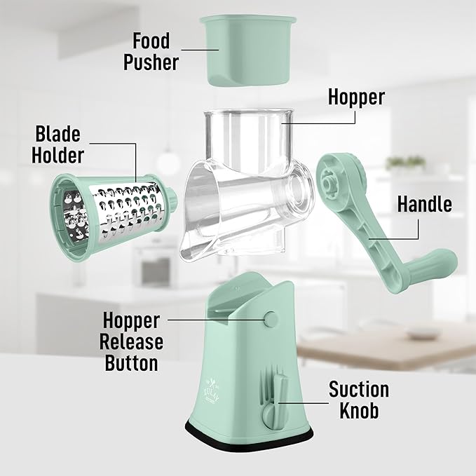 Zulay Kitchen Rotary Cheese Grater 5 Blade Cheese Shredder - Manual Hand Crank Cheese Grater With Reinforced Suction & 5 Interchangeable Drums - Easy to Use, Vegetable Chopper Round Mandoline Slicer - Image 8
