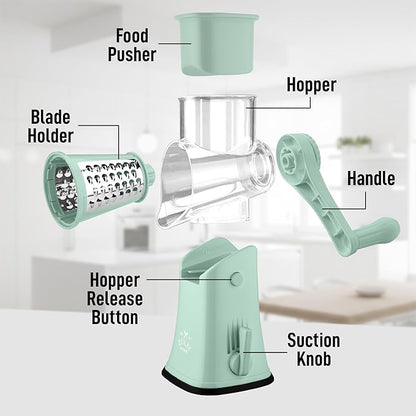 Zulay Kitchen Rotary Cheese Grater 5 Blade Cheese Shredder - Manual Hand Crank Cheese Grater With Reinforced Suction & 5 Interchangeable Drums - Easy to Use, Vegetable Chopper Round Mandoline Slicer - Image 8