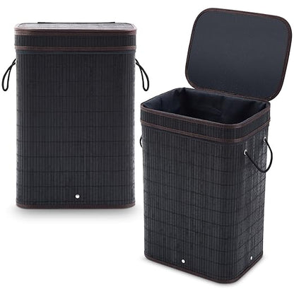 2 Pack 21 Gallon Bamboo Slim Trash Can with Lid Large Foldable Slim Rectangular Garbage Can Laundry Basket Bamboo Waste Basket for Bathroom Bedroom Office Home Salon Spa (Black)