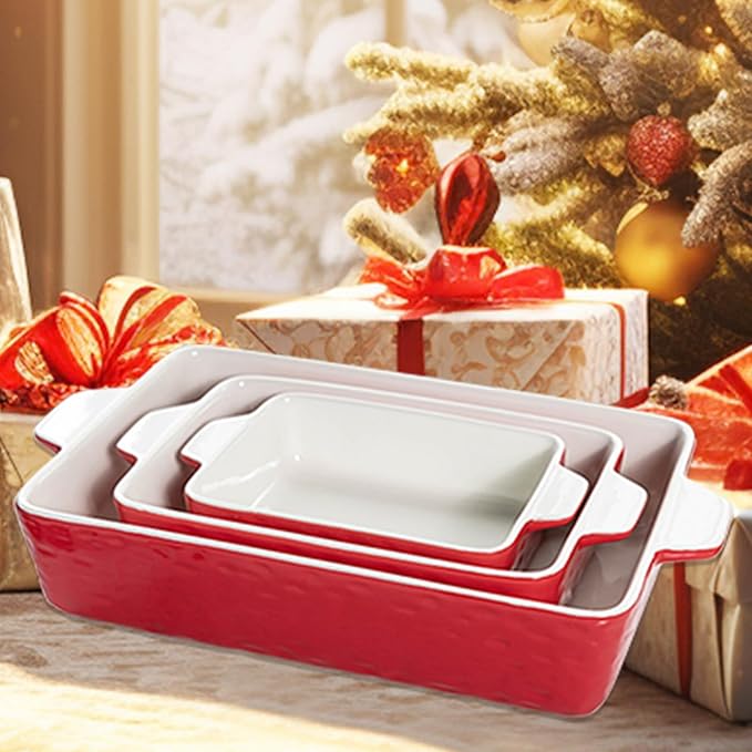 Casserole Dishes for Oven, Ceramic Baking Dishes, Lasagna Pan with Handles, Porcelain Baking Pan Deep, Bakeware for Baking, Cooking, Wedding Gift, Set of 3 (11.6" x 7.8", Red) - Image 2