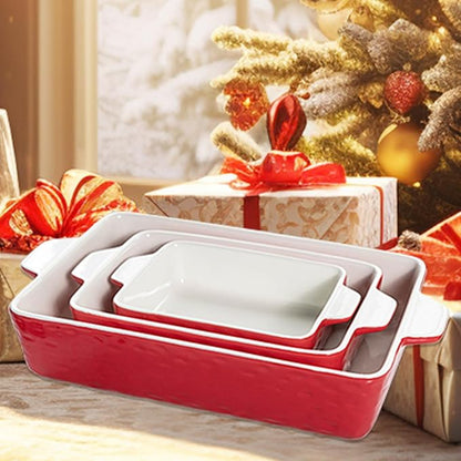 Casserole Dishes for Oven, Ceramic Baking Dishes, Lasagna Pan with Handles, Porcelain Baking Pan Deep, Bakeware for Baking, Cooking, Wedding Gift, Set of 3 (11.6" x 7.8", Red) - Image 2