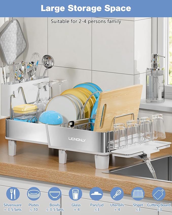 Dish Drying Rack, 304 Stainless Steel Expandable Dish Rack with Adjustable Drain Spout, Large Capacity Dish Drainer with Utensil Holder, Cup Holder and Cutting Board Rack for Kitchen Counter, White - Image 8