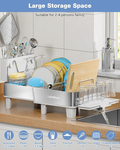 Dish Drying Rack, 304 Stainless Steel Expandable Dish Rack with Adjustable Drain Spout, Large Capacity Dish Drainer with Utensil Holder, Cup Holder and Cutting Board Rack for Kitchen Counter, White - Image 8