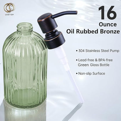 16Oz Green Glass Soap Dispenser with Rust Proof Bronze Stainless Steel Pump, Green Countertop Refillable Liquid Lotion Dispensers with Stainless Steel Pump, Oil Rubbed Bronze Soap Dispenser,2 Packs