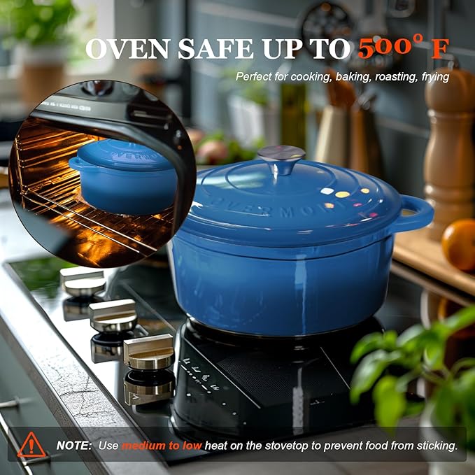 Overmont Enameled Cast Iron Dutch Oven - 4.5QT Pot with Lid Cookbook & Cotton Potholders - Heavy-Duty Cookware for Braising, Stews, Roasting, Sourdough Baking blue - Image 4